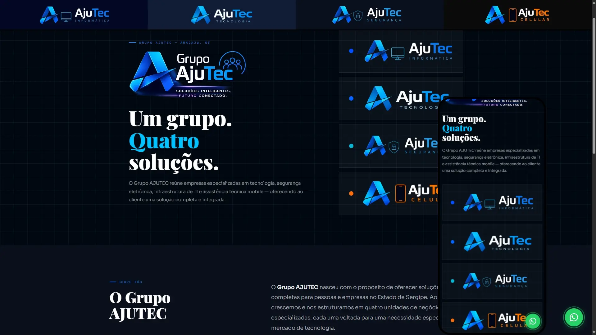 Site institucional do Grupo AJUTEC, ecossistema de tecnologia